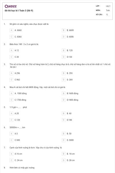 Đề thi học kì I Toán 3 (Đề 9)