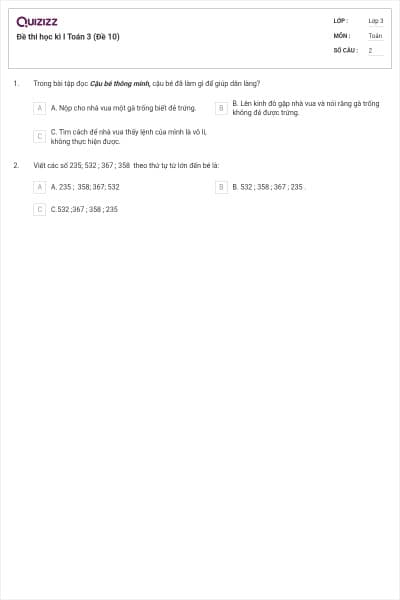 Đề thi học kì I Toán 3 (Đề 10)