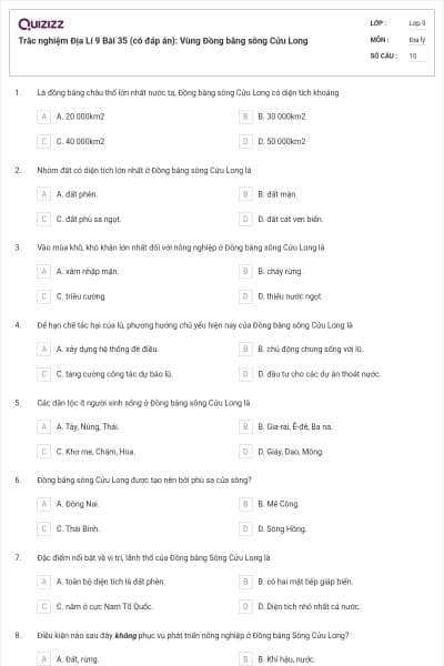 Trắc nghiệm Địa Lí 9 Bài 35 (có đáp án): Vùng Đồng bằng sông Cửu Long