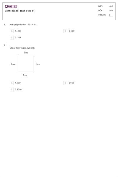 Đề thi học kì I Toán 3 (Đề 11)
