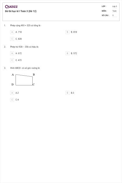 Đề thi học kì I Toán 3 (Đề 12)