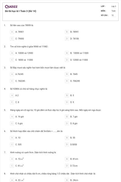 Đề thi học kì I Toán 3 (Đề 14)