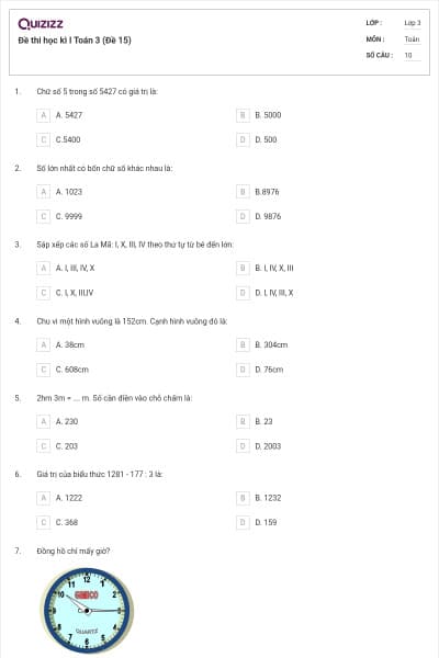 Đề thi học kì I Toán 3 (Đề 15)