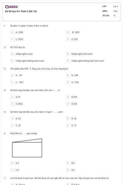 Đề thi học kì I Toán 3 (Đề 16)