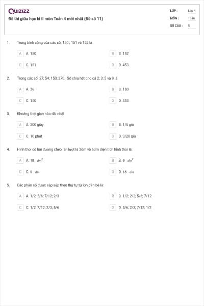 Đề thi giữa học kì II môn Toán 4 mới nhất (Đề số 11)