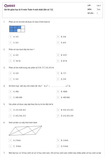 Đề thi giữa học kì II môn Toán 4 mới nhất (Đề số 12)