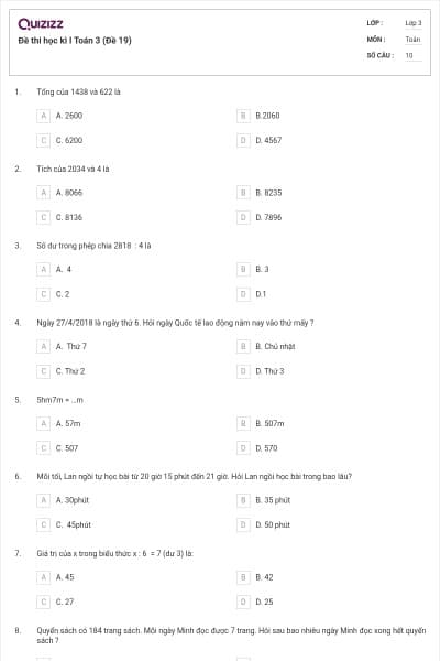 Đề thi học kì I Toán 3 (Đề 19)