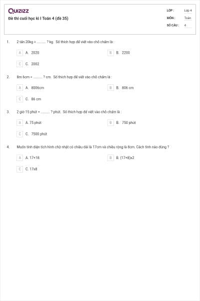 Đề thi cuối học kì I Toán 4 (đề 35)