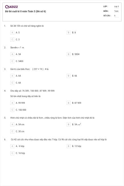 Đề thi cuối kì II môn Toán 3 (Đề số 6)