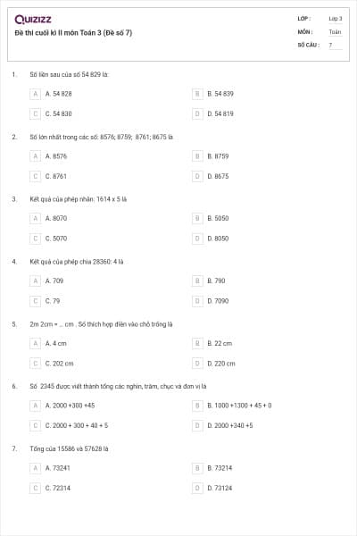 Đề thi cuối kì II môn Toán 3 (Đề số 7)