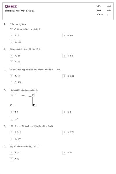 Đề thi học kì II Toán 3 (Đề 3)