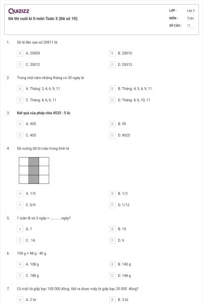 Đề thi cuối kì II môn Toán 3 (Đề số 10)