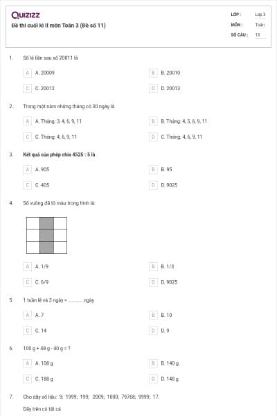 Đề thi cuối kì II môn Toán 3 (Đề số 11)