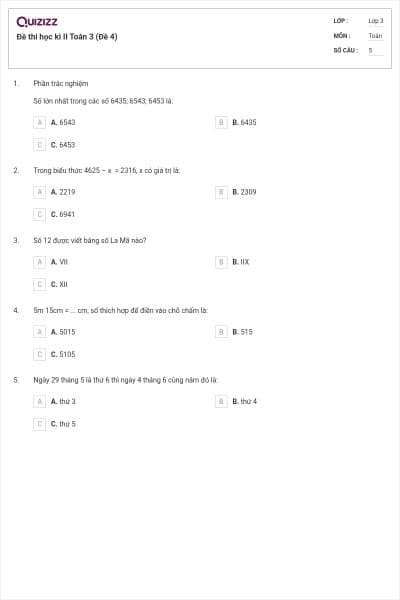 Đề thi học kì II Toán 3 (Đề 4)