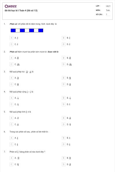 Đề thi học kì I Toán 4 (Đề số 13)