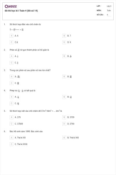 Đề thi học kì I Toán 4 (Đề số 14)