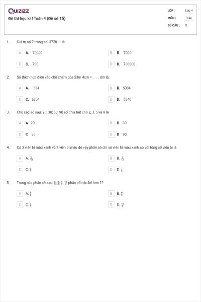 Đề thi học kì I Toán 4 (Đề số 15)