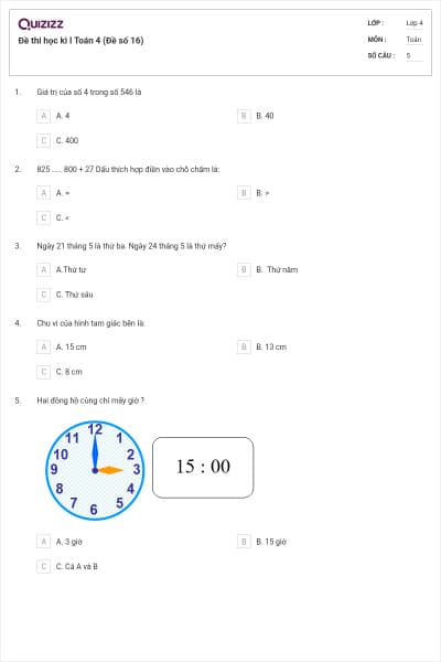 Đề thi học kì I Toán 4 (Đề số 16)