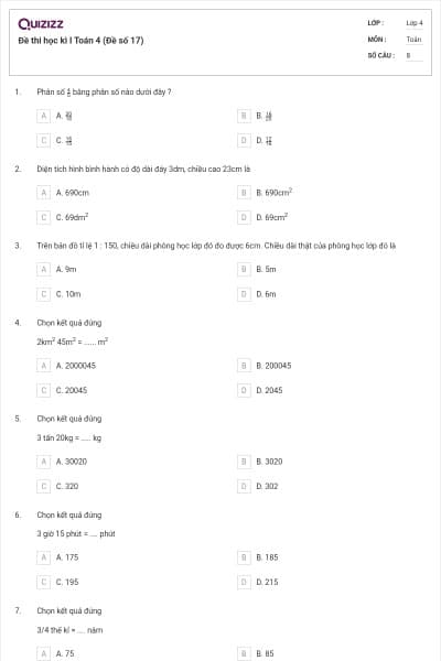 Đề thi học kì I Toán 4 (Đề số 17)