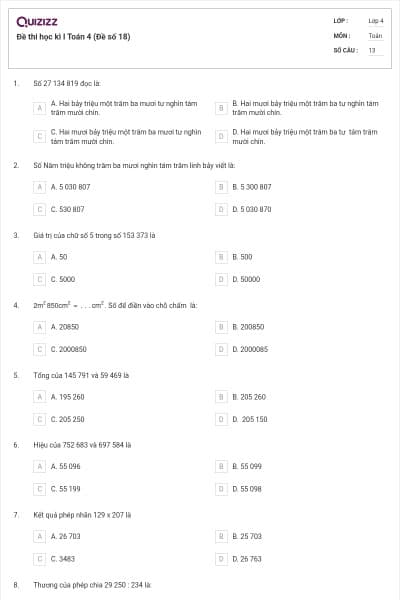 Đề thi học kì I Toán 4 (Đề số 18)