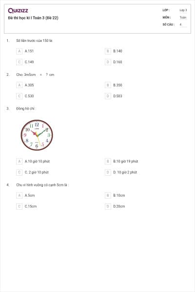 Đề thi học kì I Toán 3 (Đề 22)