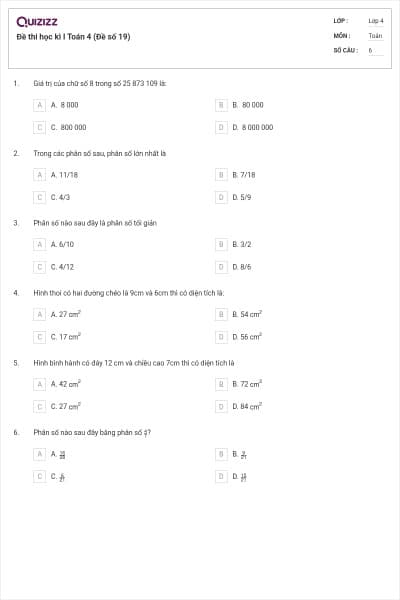 Đề thi học kì I Toán 4 (Đề số 19)