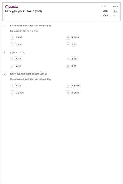 Đề thi giữa giữa kì I Toán 3 (đề 3)