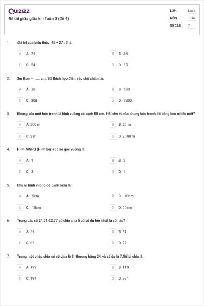 Đề thi giữa giữa kì I Toán 3 (đề 4)