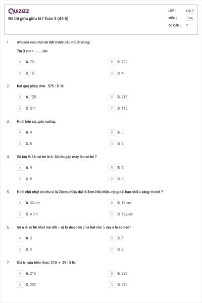 Đề thi giữa giữa kì I Toán 3 (đề 5)