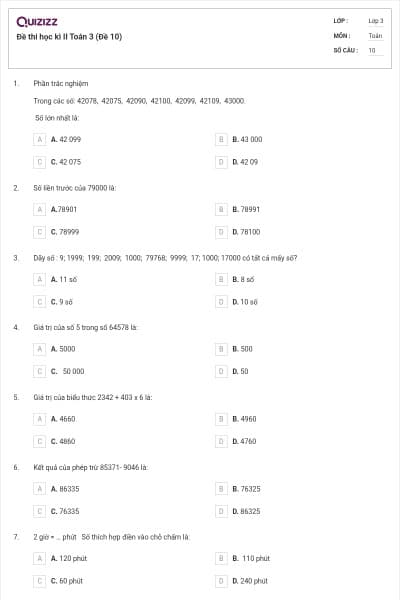 Đề thi học kì II Toán 3 (Đề 10)
