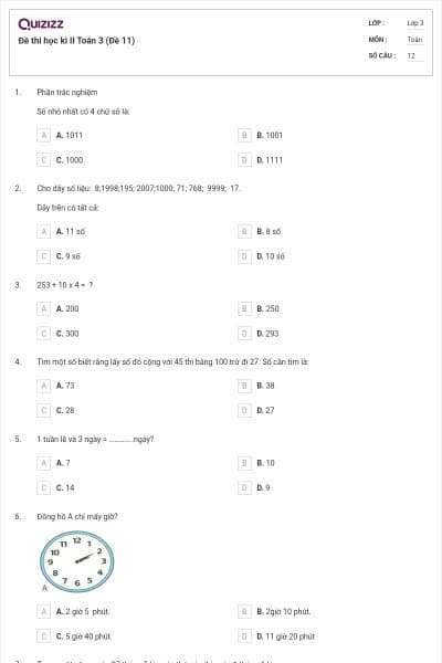 Đề thi học kì II Toán 3 (Đề 11)