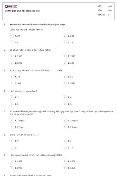 Đề thi giữa giữa kì I Toán 3 (đề 6)