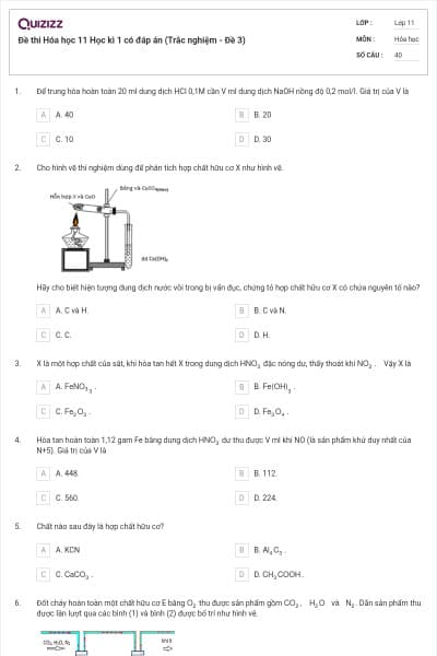 Đề thi Hóa học 11 Học kì 1 có đáp án (Trắc nghiệm - Đề 3)