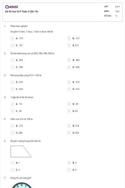 Đề thi học kì II Toán 3 (Đề 14)
