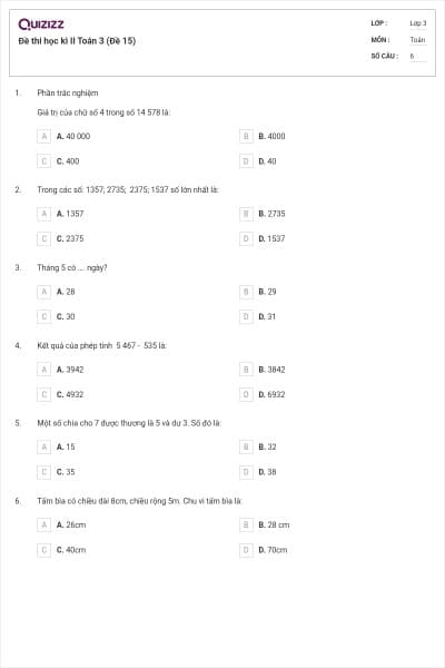 Đề thi học kì II Toán 3 (Đề 15)