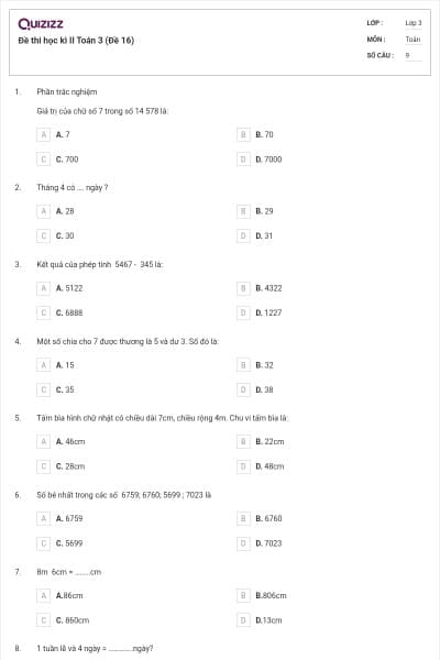Đề thi học kì II Toán 3 (Đề 16)