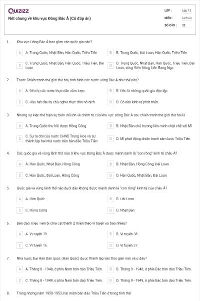 Nét chung về khu vực Đông Bắc Á (Có đáp án)