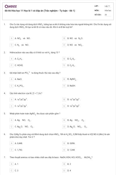 Đề thi Hóa học 11 Học kì 1 có đáp án (Trắc nghiệm - Tự luận - Đề 1)
