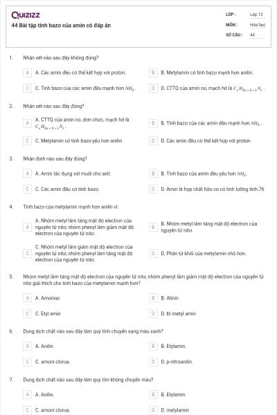 44 Bài tập tính bazơ của amin có đáp án