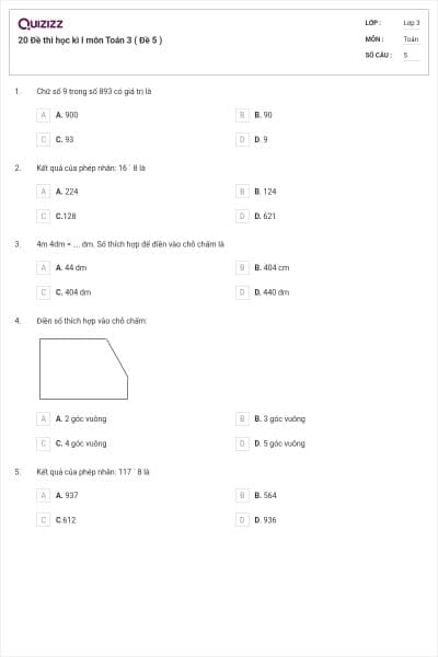 20 Đề thi học kì I môn Toán 3 ( Đề 5 )