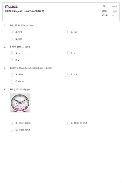 20 Đề thi học kì I môn Toán 3 (Đề 6)