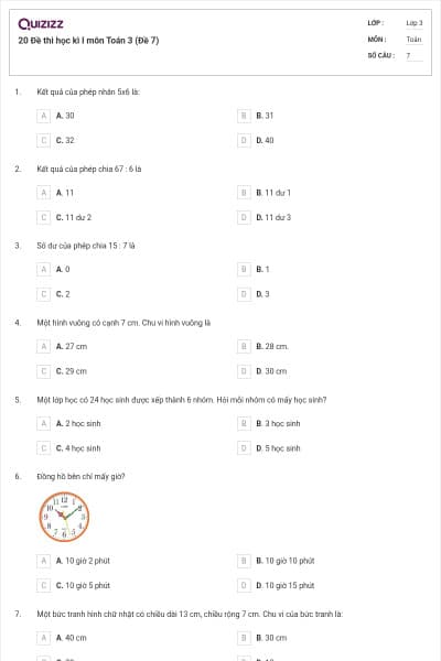 20 Đề thi học kì I môn Toán 3 (Đề 7)
