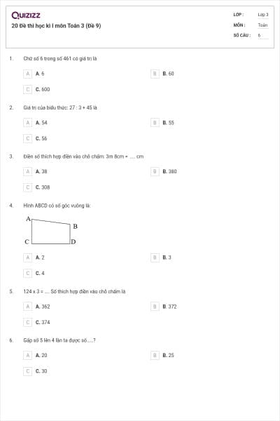 20 Đề thi học kì I môn Toán 3 (Đề 9)