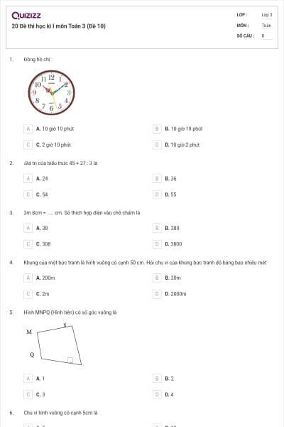 20 Đề thi học kì I môn Toán 3 (Đề 10)