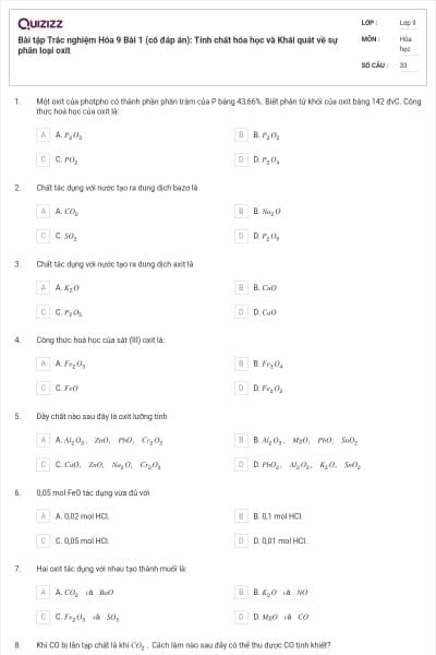 Bài tập Trắc nghiệm Hóa 9 Bài 1 (có đáp án): Tính chất hóa học và Khái quát về sự phân loại oxit