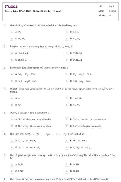 Trắc nghiệm Hóa 9 Bài 3: Tính chất hóa học của axit