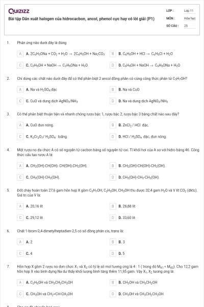 Bài tập Dẫn xuất halogen của hidrocacbon, ancol, phenol cực hay có lời giải (P1)