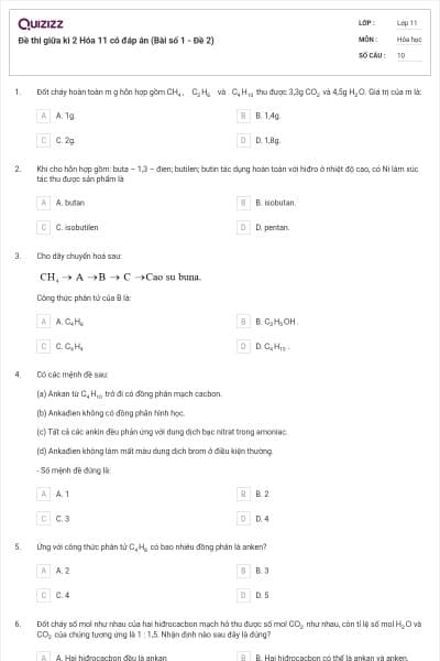 Đề thi giữa kì 2 Hóa 11 có đáp án (Bài số 1 - Đề 2)
