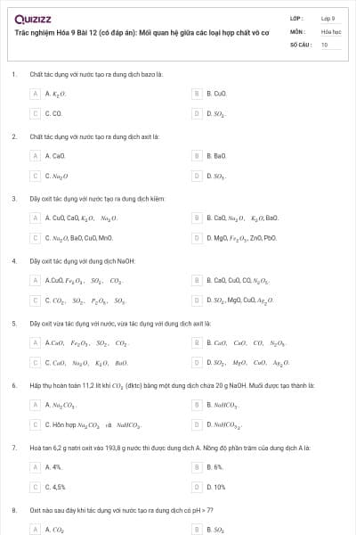 Trắc nghiệm Hóa 9 Bài 12 (có đáp án): Mối quan hệ giữa các loại hợp chất vô cơ