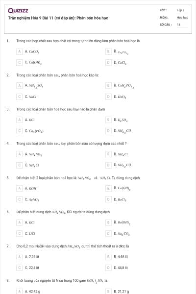 Trắc nghiệm Hóa 9 Bài 11 (có đáp án): Phân bón hóa học